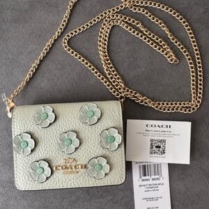 Coach Mint Green Floral Appliqué Leather Crossbody with Gold Chain